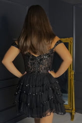 Black Homecoming Dress Off The Shoulder Corset Short Prom Dress with Ruffles